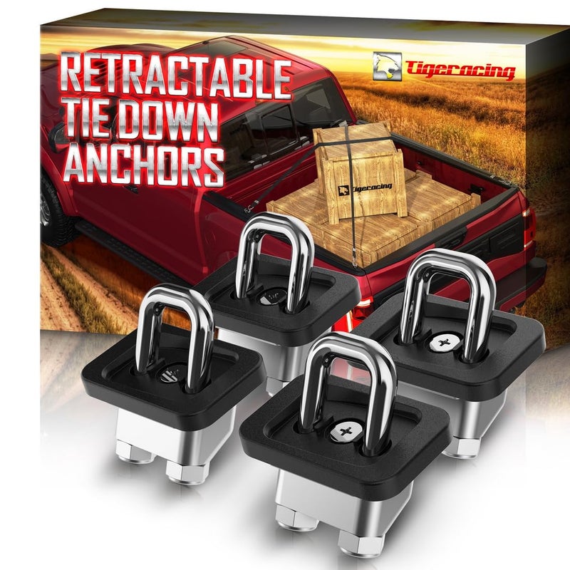 Tigeracing 23146899 Inner Bed Tie Down Anchors Retractable Truck Bed Side Wall, Not Fit Top Rail - D Ring- All Metal 3000 LBS Capacity 4 Pieces - Image 1